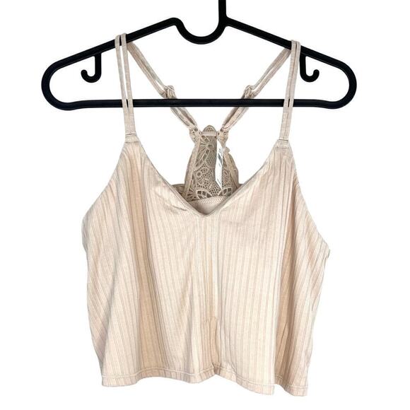 NWT Aerie Ribbed Lace Applique Crop Top / Longline Bralette Medium Sandalwood - Picture 2 of 7
